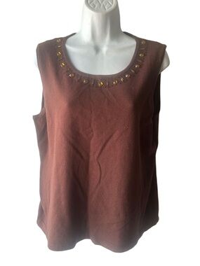 Nygard Collection XL Brown Knit Tank Top Amber Rhinestone Beaded Neckline